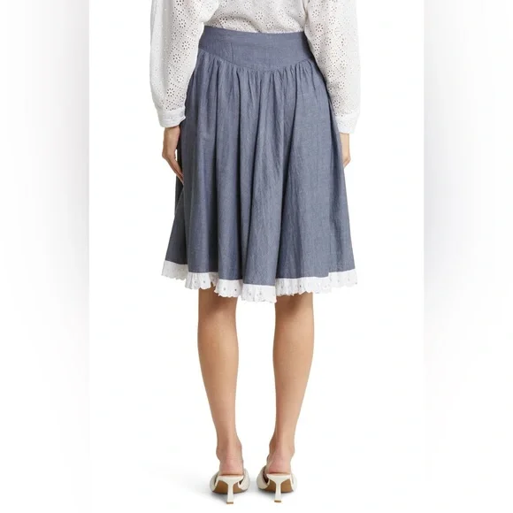 NWOT Batsheva Shirley Broderie Anglaise Cotton Eyelet Lace Chambray Peplum Skirt - Picture 14 of 17